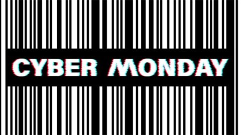 Shoppers bustling during Black Friday and browsing online deals for Cyber Monday, symbolizing the evolution of holiday shopping trends from in-store frenzies to online convenience.
