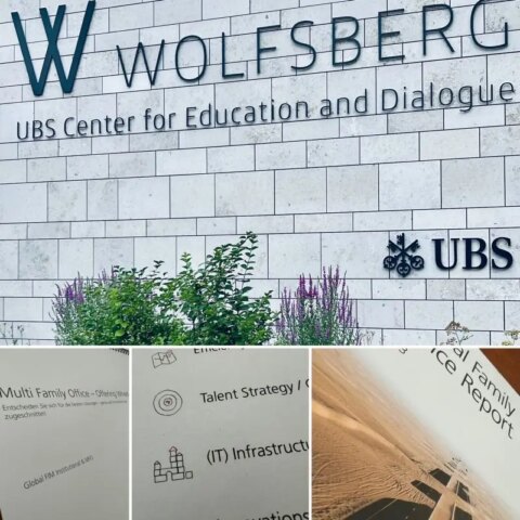 Geschäftsleute diskutieren an einer UBS-Veranstaltung über Innovation und Zusammenarbeit in der Finanzbranche.