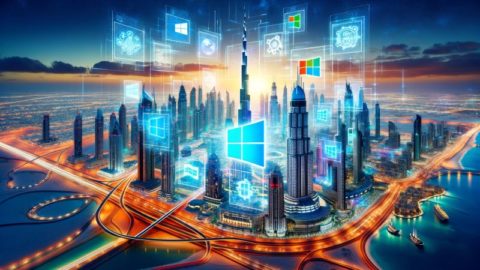 Dies ist eine künstlerische Darstellung, die die Parallelen zwischen der technologischen Entwicklung von Microsoft und der wirtschaftlichen Diversifizierung der VAE hervorhebt und visionäre Führung, strategische Diversifizierung und Anpassungsfähigkeit symbolisiert. Lernen Sie die Lektion.