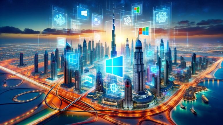 Dies ist eine künstlerische Darstellung, die die Parallelen zwischen der technologischen Entwicklung von Microsoft und der wirtschaftlichen Diversifizierung der VAE hervorhebt und visionäre Führung, strategische Diversifizierung und Anpassungsfähigkeit symbolisiert. Lernen Sie die Lektion.