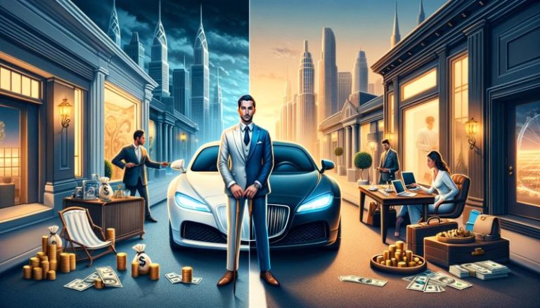 Wealth Management: Matching Your Client's Lifestyle or Staying Humble? The contrast between luxury and modesty in wealth management, symbolized by a luxury car and a simple wristwatch, highlights the debate on aligning with client lifestyles versus prioritizing authenticity. Matching the lifestyle?