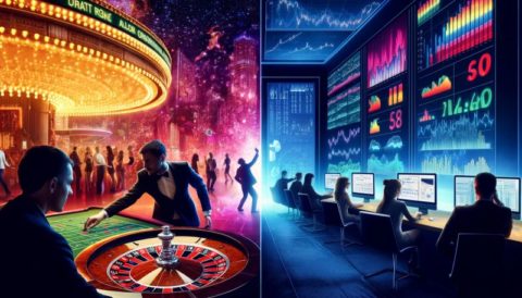 Visueller Vergleich von Casino-Glücksspiel- und Börsen-Anlagestrategien, wobei die Bedeutung der Portfolio-Diversifizierung gegenüber risikoreichen Einzelwetten hervorgehoben wird