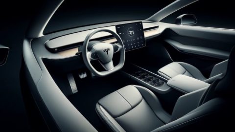 Innenansicht eines Tesla-Elektrofahrzeugs mit einem minimalistischen Armaturenbrett und einem großen Touchscreen, der für Einfachheit und technologische Integration steht.