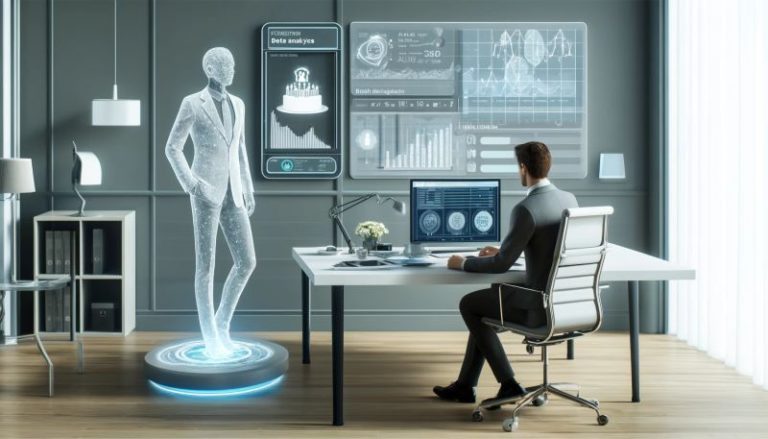 Eine moderne Büroumgebung mit einem Mann an einem Schreibtisch, der mit holografischen Displays und KI-gesteuerten Analysen interagiert, um die Integration von künstlicher Intelligenz in die Vermögensverwaltung zu verdeutlichen.