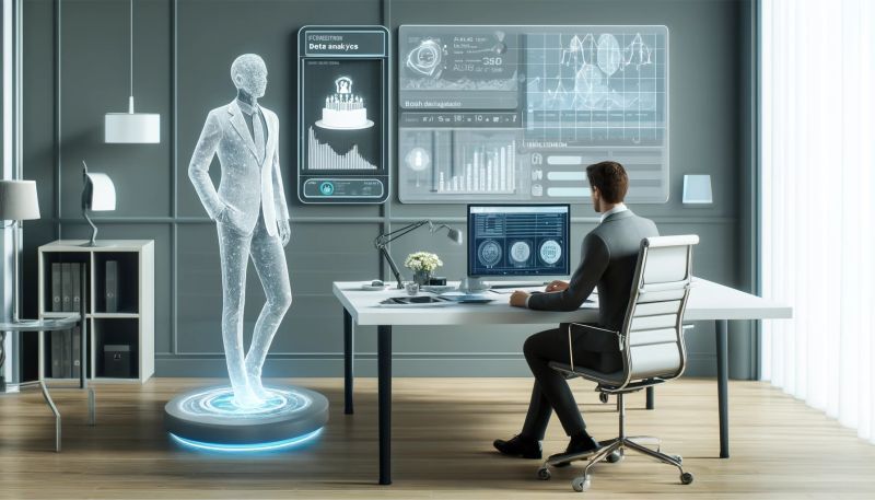 A modern office setting with a man at a desk interacting with holographic displays and AI-driven analytics, highlighting the integration of artificial intelligence in wealth management.