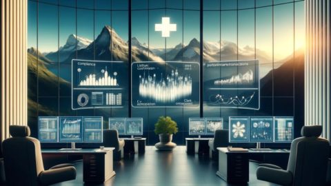 Ein modernes Büro mit Panoramablick auf die Schweizer Berge, das mit mehreren Bildschirmen ausgestattet ist, auf denen CRM- und Portfoliomanagementdaten angezeigt werden. Der Raum hat ein anspruchsvolles Hightech-Ambiente mit Schwerpunkt auf Vermögensverwaltungssystemen.