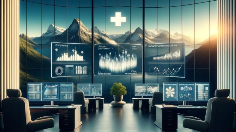 Ein modernes Büro mit Panoramablick auf die Schweizer Berge, das mit mehreren Bildschirmen ausgestattet ist, auf denen CRM- und Portfoliomanagementdaten angezeigt werden. Der Raum hat ein anspruchsvolles Hightech-Ambiente mit Schwerpunkt auf Vermögensverwaltungssystemen.