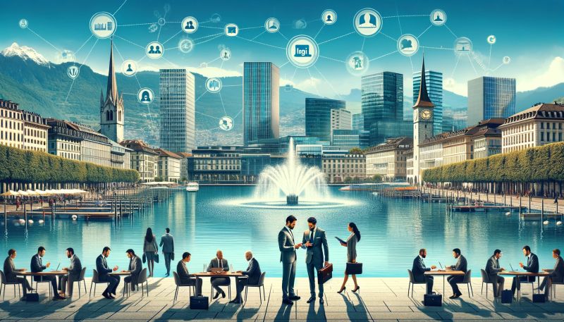 Professionals networking by a lakeside in a vibrant Swiss financial district with digital connections above.