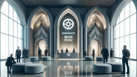 Moderne, markenorientierte Firmenkundenlobby mit hohen Bogenfenstern, minimalistischen Möbeln und einem zentralen Empfangsbereich.