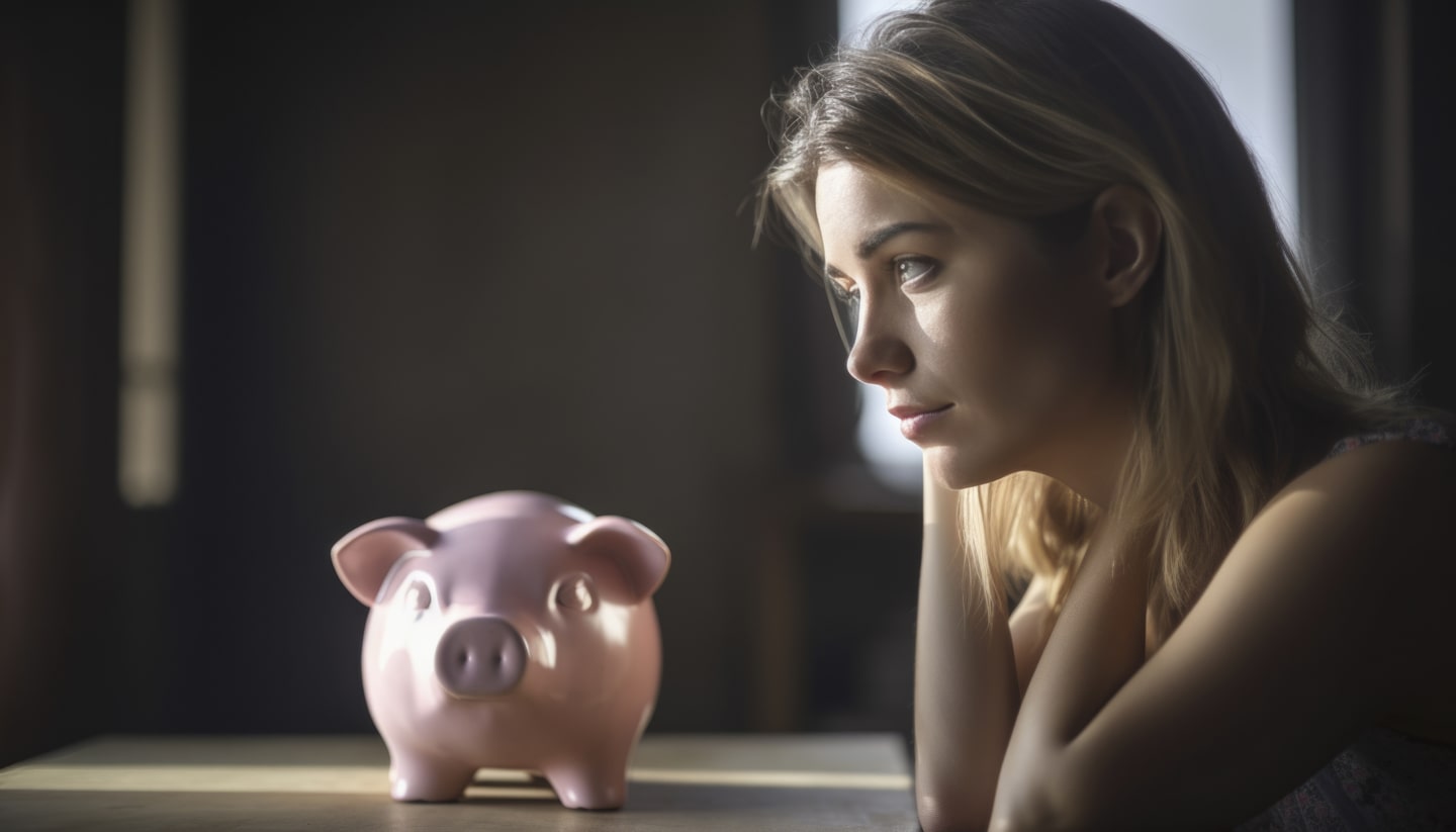 A thoughtful woman looking at a pink piggy bank, symbolizing financial planning and management.