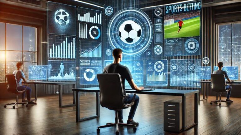 Eine Person, die Sportwettdaten auf mehreren Bildschirmen analysiert, um den Einsatz von KI bei der Vorhersage von Sportergebnissen zu veranschaulichen.