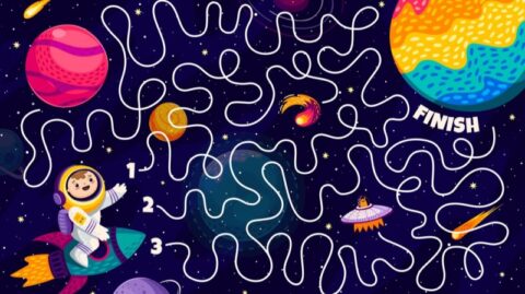 Illustration eines Astronauten, der durch ein komplexes Weltraumlabyrinth navigiert, als Symbol für die strategischen Herausforderungen der Schweizer Vermögensverwalter