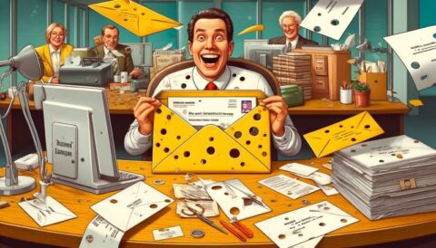 Ein Finanzbüro mit Streichen wie gelochten Briefumschlägen, Konfetti und spielerischen Bürotricks.