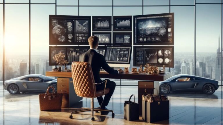 A modern wealth manager using a laptop to review diversified investment portfolios.