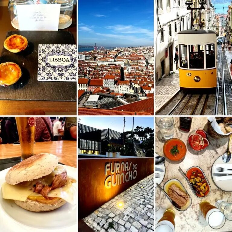 Eine Fotocollage, die die Anziehungskraft Portugals für wohlhabende Privatpersonen zeigt, mit ikonischen Wahrzeichen von Lissabon, traditionellen Speisen wie Pastéis de Nata, malerischen Strassenbahnen und gehobenen Restaurants. Die Collage spiegelt Portugals Mischung aus kulturellem Reichtum, Lifestyle-Attraktivität und Investitionsattraktivität wider.