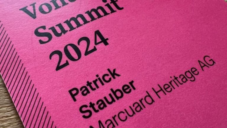 Namensschild des Vontobel Summit 2024 mit Patrick Stauber von Marcuard Heritage AG.
