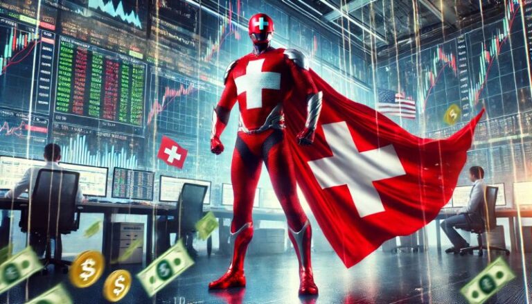A superhero dressed in Swiss colours symbolising the Swiss Franc, standing in a trading room surrounded by global currencies.