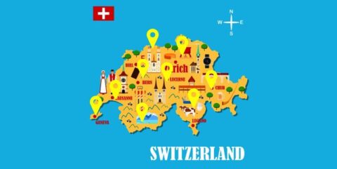 Karte der Schweiz mit den wichtigsten Städten und Zentren der Vermögensverwaltung, die wichtige Standorte für Finanzunternehmen darstellen.