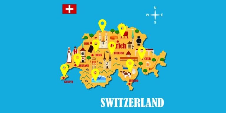 Map of Switzerland highlighting major cities and wealth management hubs, showing key locations for financial businesses.