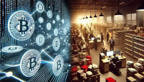 Illustration, die den Kontrast zwischen einer transparenten digitalen Blockchain-Währung und traditionellen, auf Datenschutz basierenden Finanzsystemen zeigt.