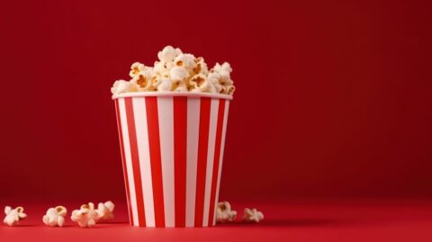 A bucket of popcorn on a red background, perfect for a movie night.