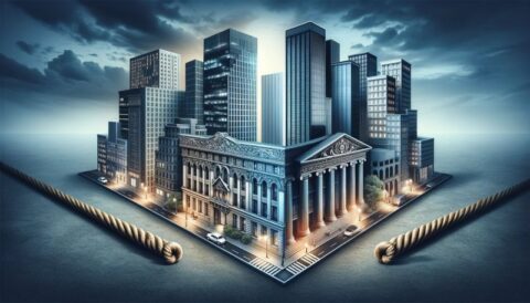 Illustration of a custodian bank surrounded by modern skyscrapers, symbolising the complex relationship between traditional banks and independent wealth managers.