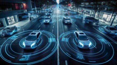 Autonome Elektroautos fahren auf einer intelligenten Stadtstraße, umgeben von digitalen blauen Datenrastern, die futuristische Mobilitätstechnologie darstellen. Tesla an vorderster Front.