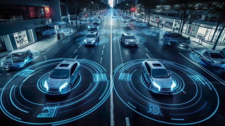 Autonomous electric cars driving on a smart city road, surrounded by digital blue data grids representing futuristic mobility technology. Tesla at the forefront.