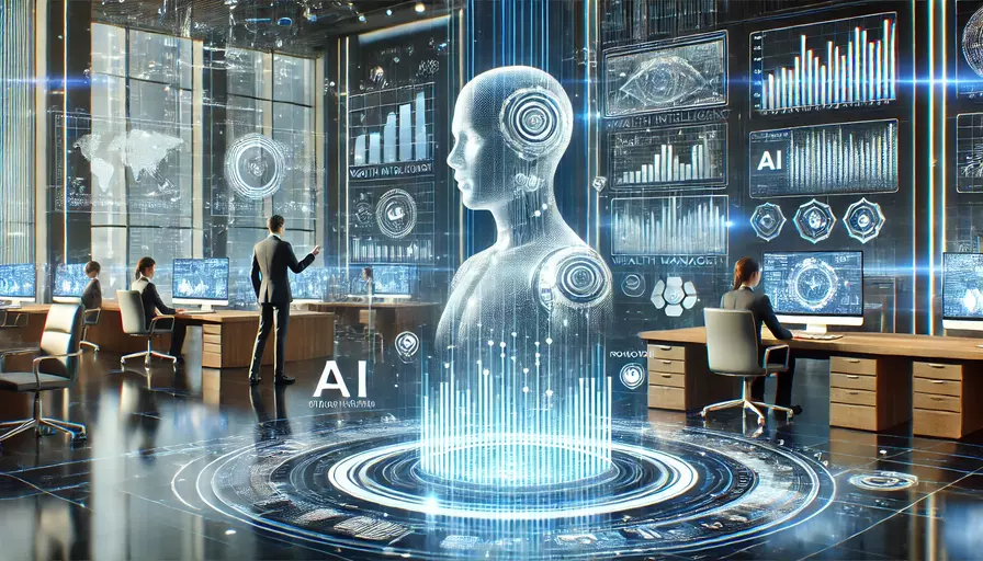 A modern financial office showcasing AI transforming wealth management with holographic data charts, AI dashboards, and a professional advisor analyzing portfolios.