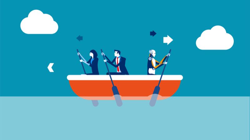 Illustration of bankers and a robot rowing in different directions, representing a private banking conflict.