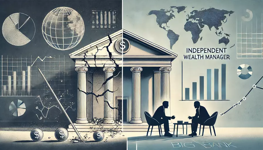 Illustration comparing an independent wealth manager advising a client with a cracked, shadowed bank building symbolising flaws.