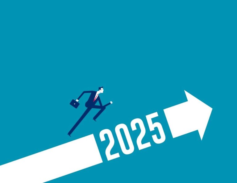Illustration of a business professional running upwards on an arrow labeled 2025, symbolising growth and future trends.