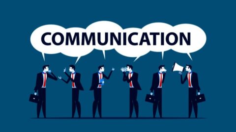 An illustration of businesspeople in suits using various communication methods, with a large speech bubble containing the word "COMMUNICATION."