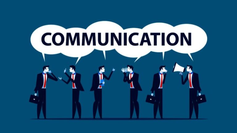 An illustration of businesspeople in suits using various communication methods, with a large speech bubble containing the word "COMMUNICATION."