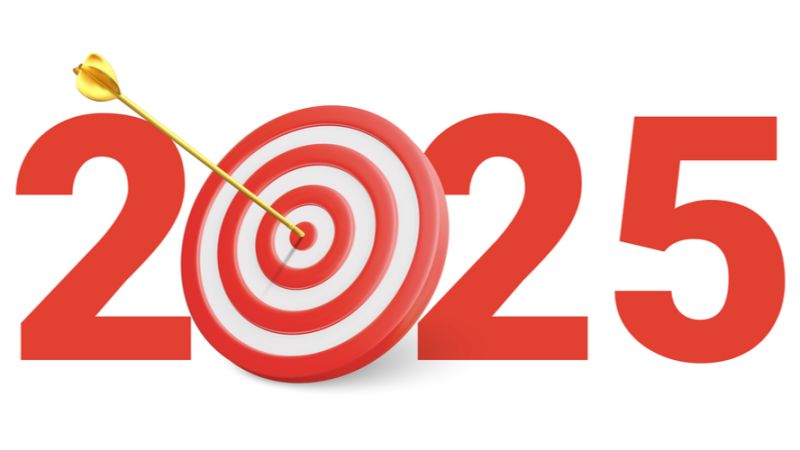 A bold red "2025" with a golden arrow hitting the bullseye in the target symbolizing goals and success.