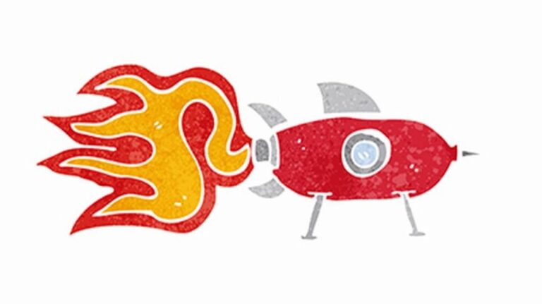 Eine lebendige Illustration einer roten Rakete mit Flammen, die aus ihrem Schwanz hervorschiessen und schnelles Wachstum und Fortschritt symbolisieren.