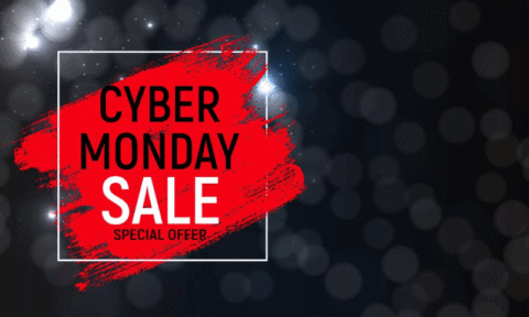 Cyber Monday Sale-Grafik mit fettgedrucktem rotem Text und Sonderangebotsnachricht auf einem dunklen, glitzernden Hintergrund.