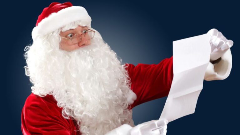 Samichlaus dressed in red holding a long list, symbolizing the importance of diligence in wealth management.