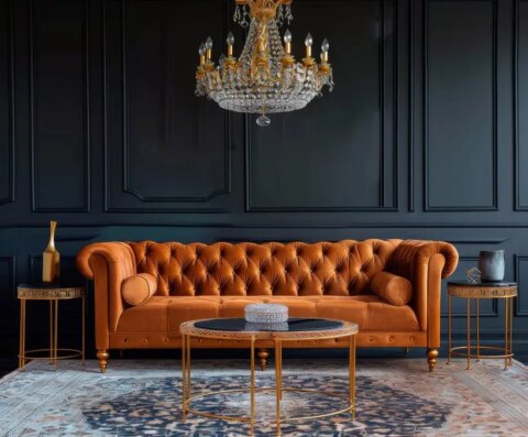 Ein elegantes orangefarbenes Tuftingsofa mit einem Kristalllüster und goldfarbenen Beistelltischen in einer raffinierten Lounge-Einrichtung. Warum eine offene Architektur besser ist
