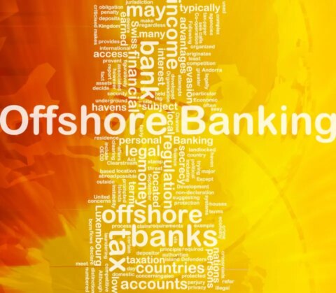 Wortwolke zur Visualisierung von Begriffen aus dem Offshore-Banking und der grenzüberschreitenden Vermögensverwaltung wie Steuern, finanzielle Sicherheit und Vorschriften.