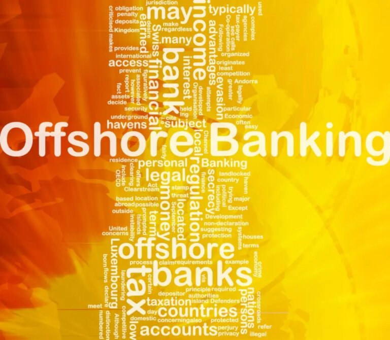 Wortwolke zur Visualisierung von Begriffen aus dem Offshore-Banking und der grenzüberschreitenden Vermögensverwaltung wie Steuern, finanzielle Sicherheit und Vorschriften.