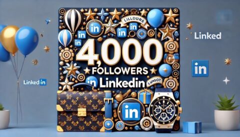 Eine Grafik zur Feier des Erreichens von 4.000 Followern auf LinkedIn, mit Luftballons, einer Louis Vuitton Aktentasche und einer Hublot-Uhr.