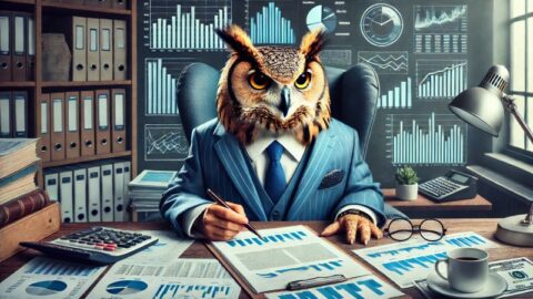 Eine Eule im Geschäftsanzug, die in einem Büro Finanzgrafiken und -diagramme analysiert und die Risikoanalyse einer offenen Plattform darstellt.