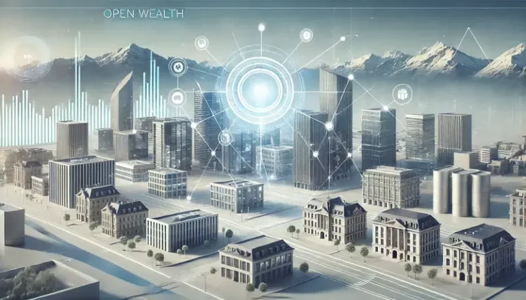 Illustration of modern financial institutions connected by glowing data lines, with the Swiss Alps in the background, symbolising the Open Wealth initiative.