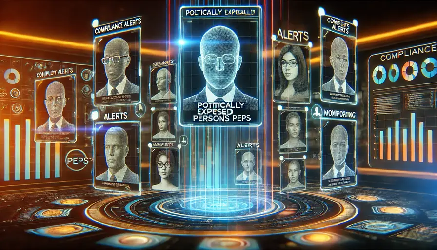 Futuristic digital interface for Politically Exposed Persons (PEP) check with diverse individuals and compliance data