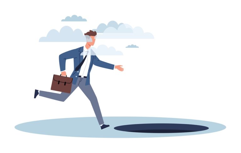 A businessman running towards a hole, symbolising the challenges and pitfalls in wealth management and how to avoid them.