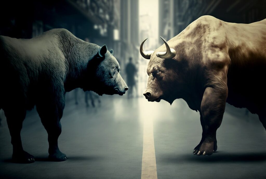 An intense face-off between a bull and a bear on a blurred urban street, symbolising the dynamics of financial markets.