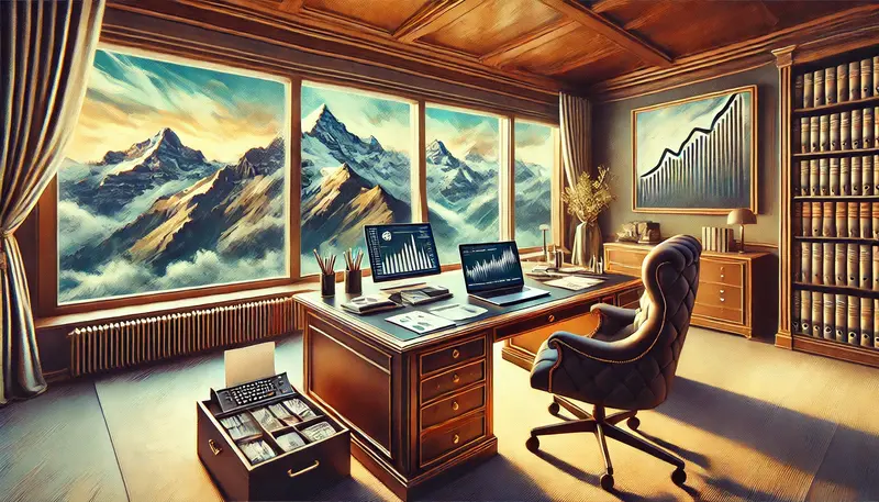 Ölgemälde eines unabhängigen Vermögensverwaltungsbüros der Spitzenklasse mit Blick auf die Schweizer Alpen, das Vertrauen und Unabhängigkeit symbolisiert.