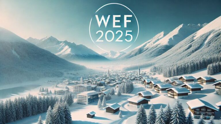 Schneebedeckte Stadt Davos mit dem Logo des WEF 2025 im Himmel, umgeben von majestätischen Bergen.