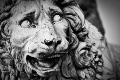 Schwarz-Weiß-Nahaufnahme eines gemeißelten Steinlöwen, der die Grundsätze des Wealth Management bzw. Private Banking symbolisiert.
